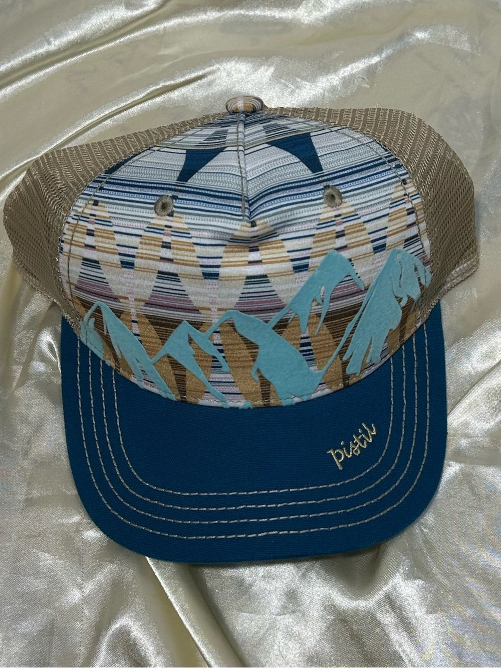 Pistil Blue & Gold Patterned Trucker Hat NWT